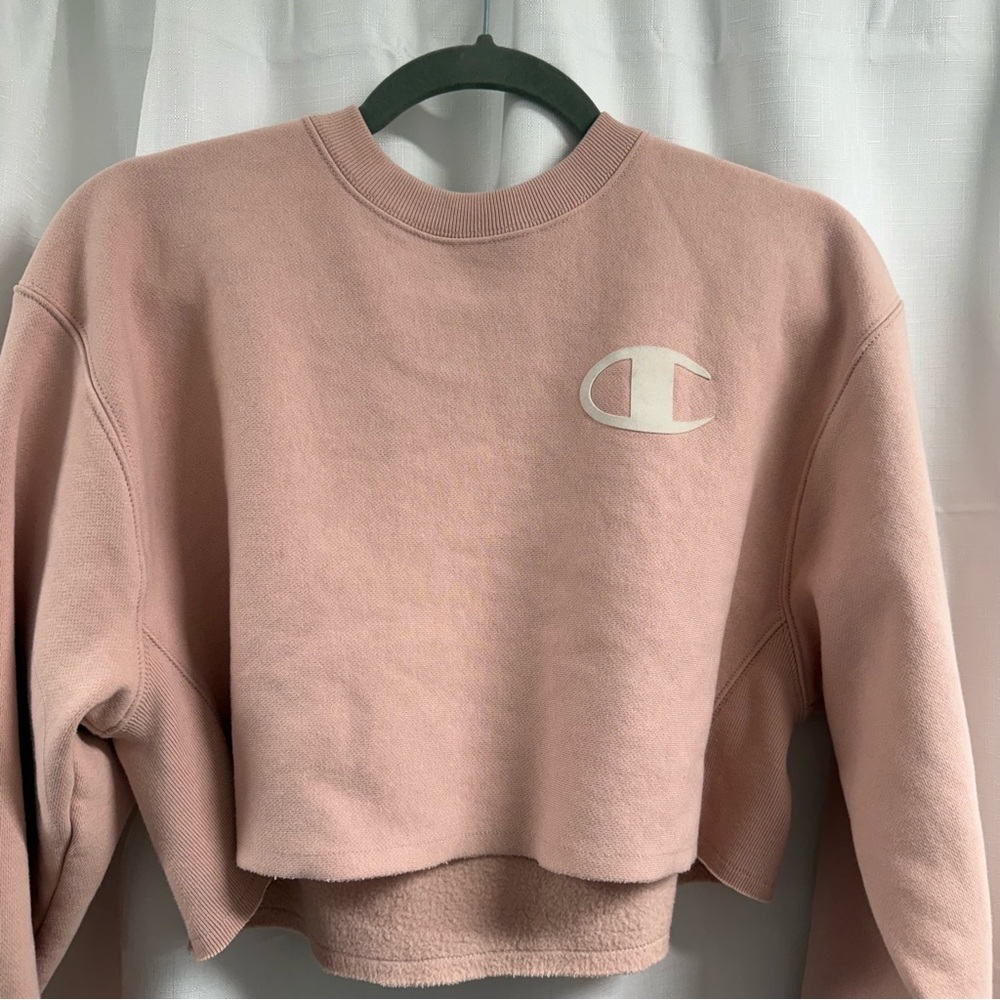 Champion Cropped Sweatshirt Blush Pink/ Dusty Rose XS Logo Sleeve - Picture 6 of 7